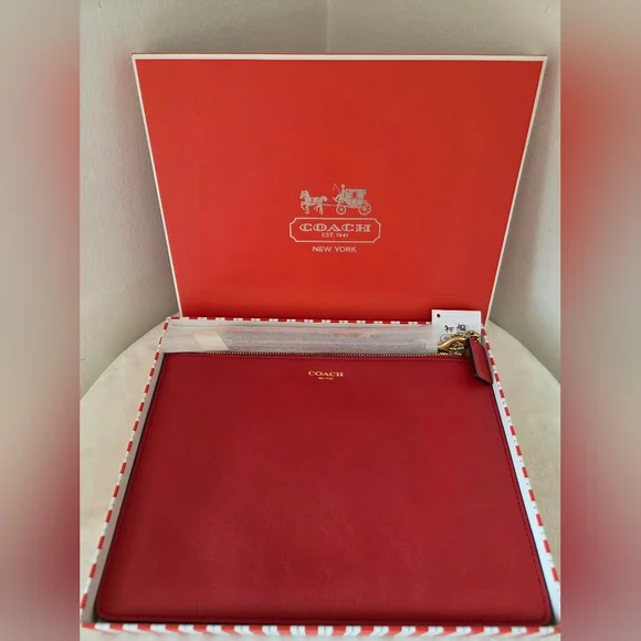 COACH NY Leather Zippered Pouch Clutch Tablet Sleeve Scarlet Red NWT - Picture 2 of 15